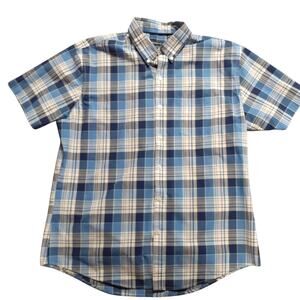 Van Heusen mens short sleeve button-down shirt XL 17.5 classic fit blue plaid